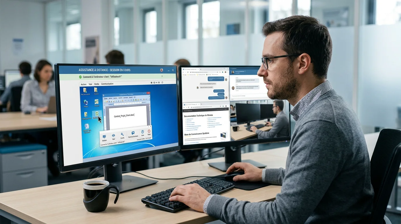 Technicien réalisant une intervention de support informatique à distance sur un poste client