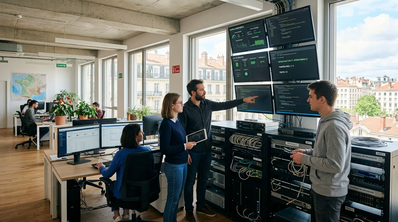 Équipe de professionnels informatiques travaillant dans un bureau moderne en France
