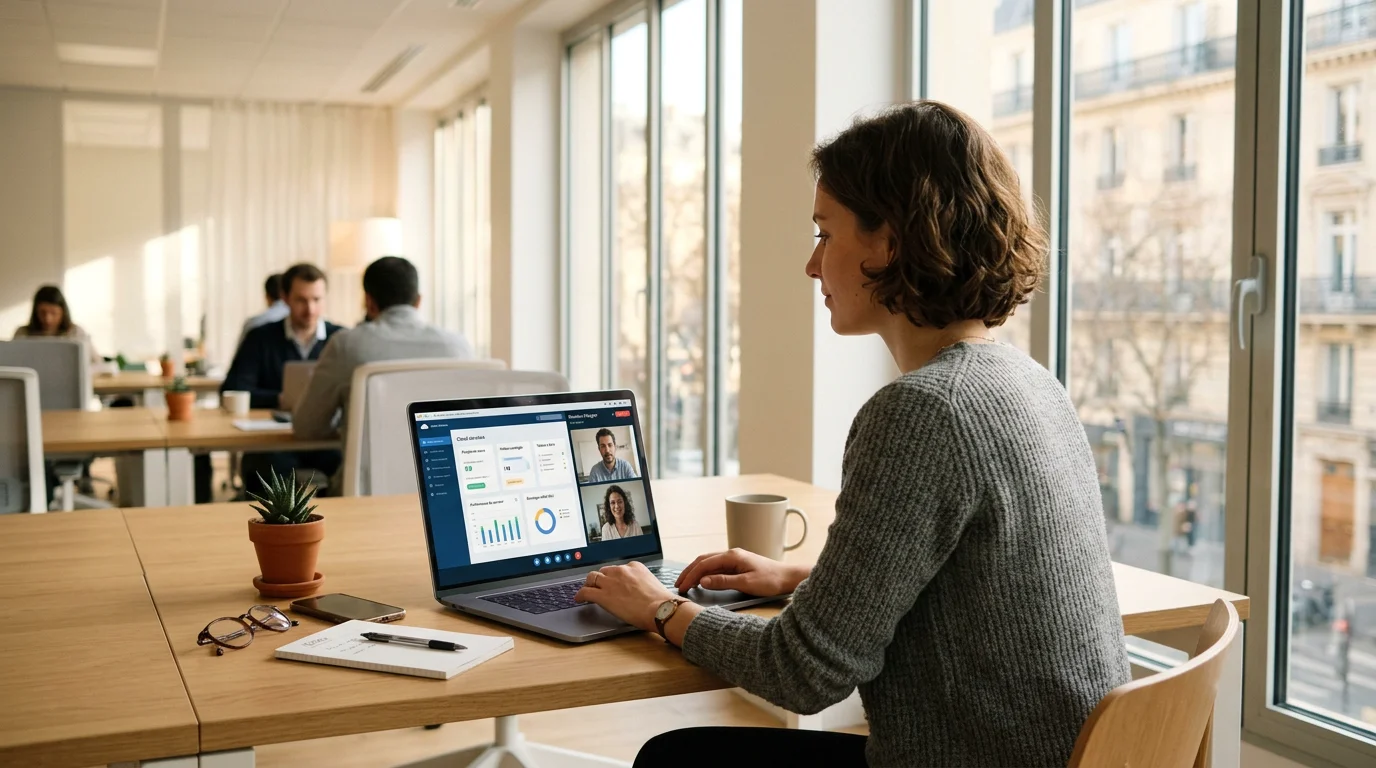 Espace de travail moderne avec outils cloud et visioconférence pour le télétravail