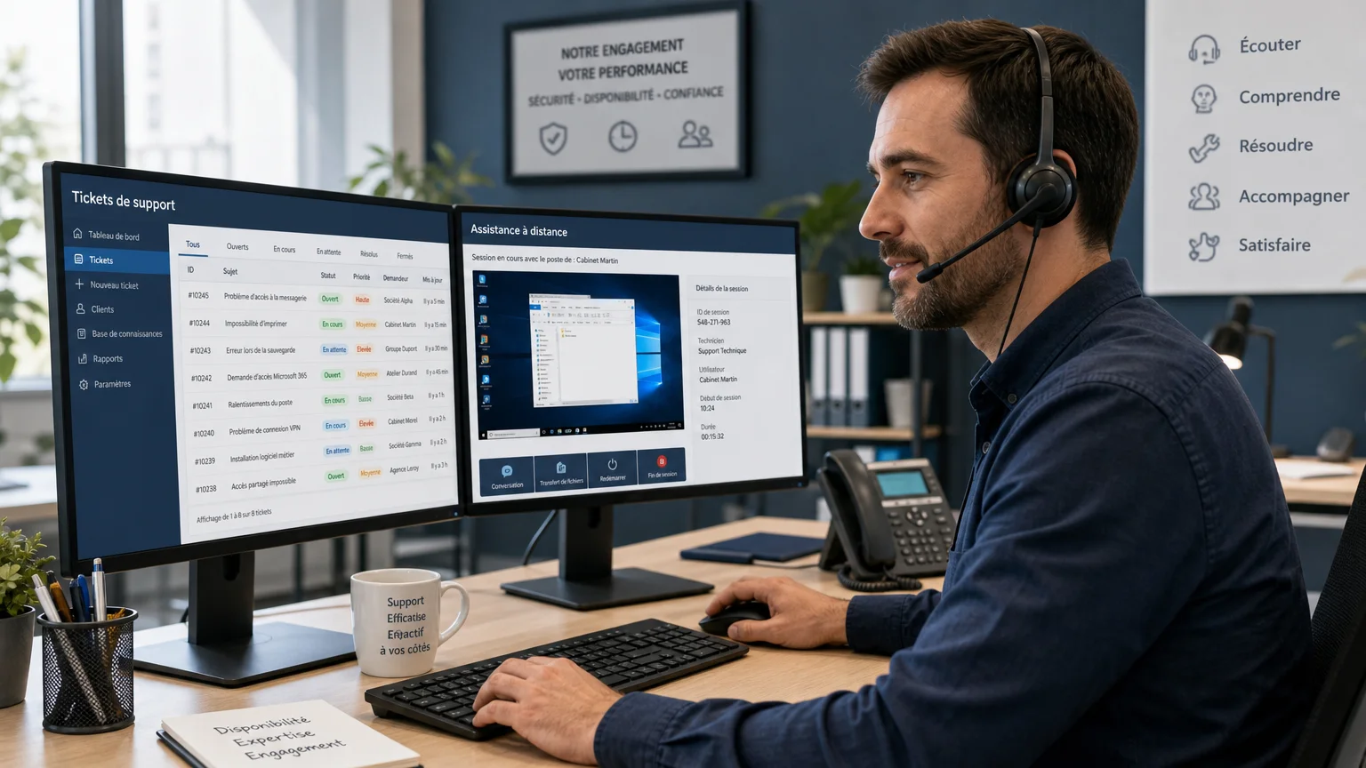 Technicien de support informatique avec casque traitant une demande d'assistance à distance