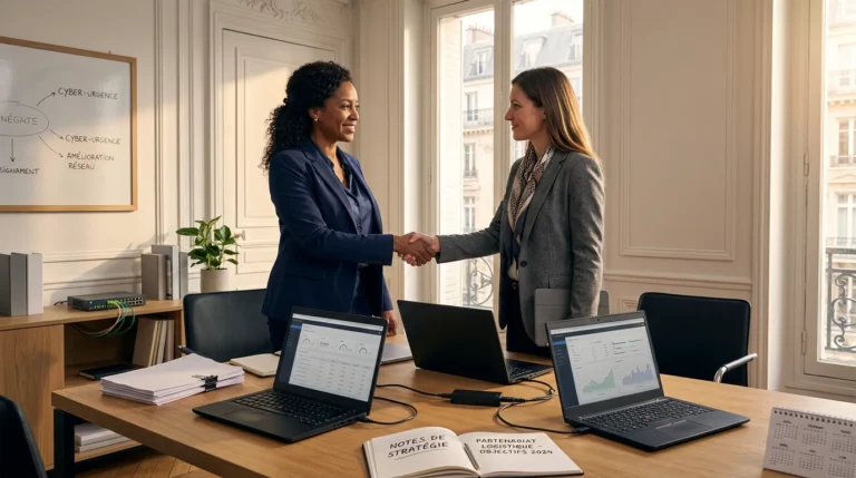 Dirigeant de PME serrant la main d'un consultant informatique dans un bureau moderne