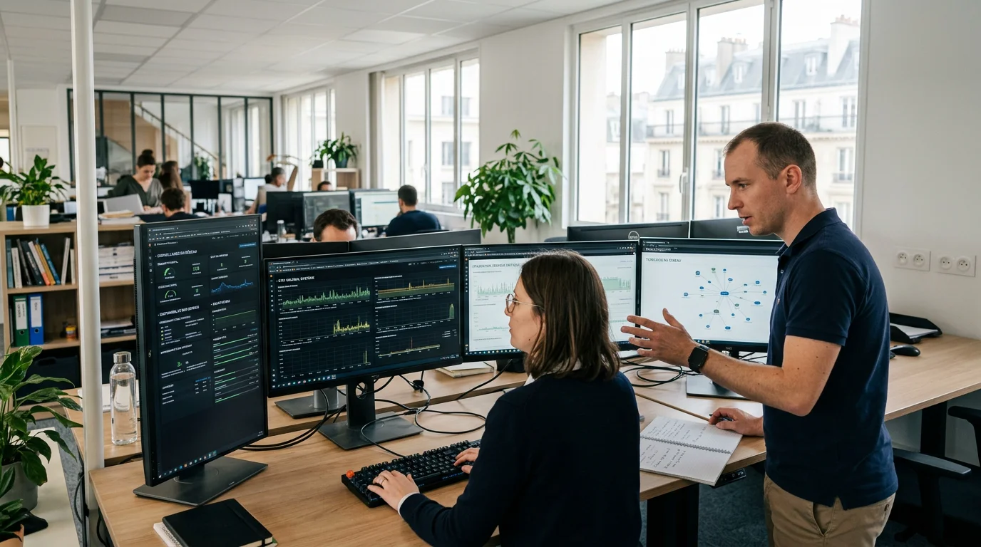 Deux techniciens informatiques analysant des tableaux de supervision réseau dans un bureau