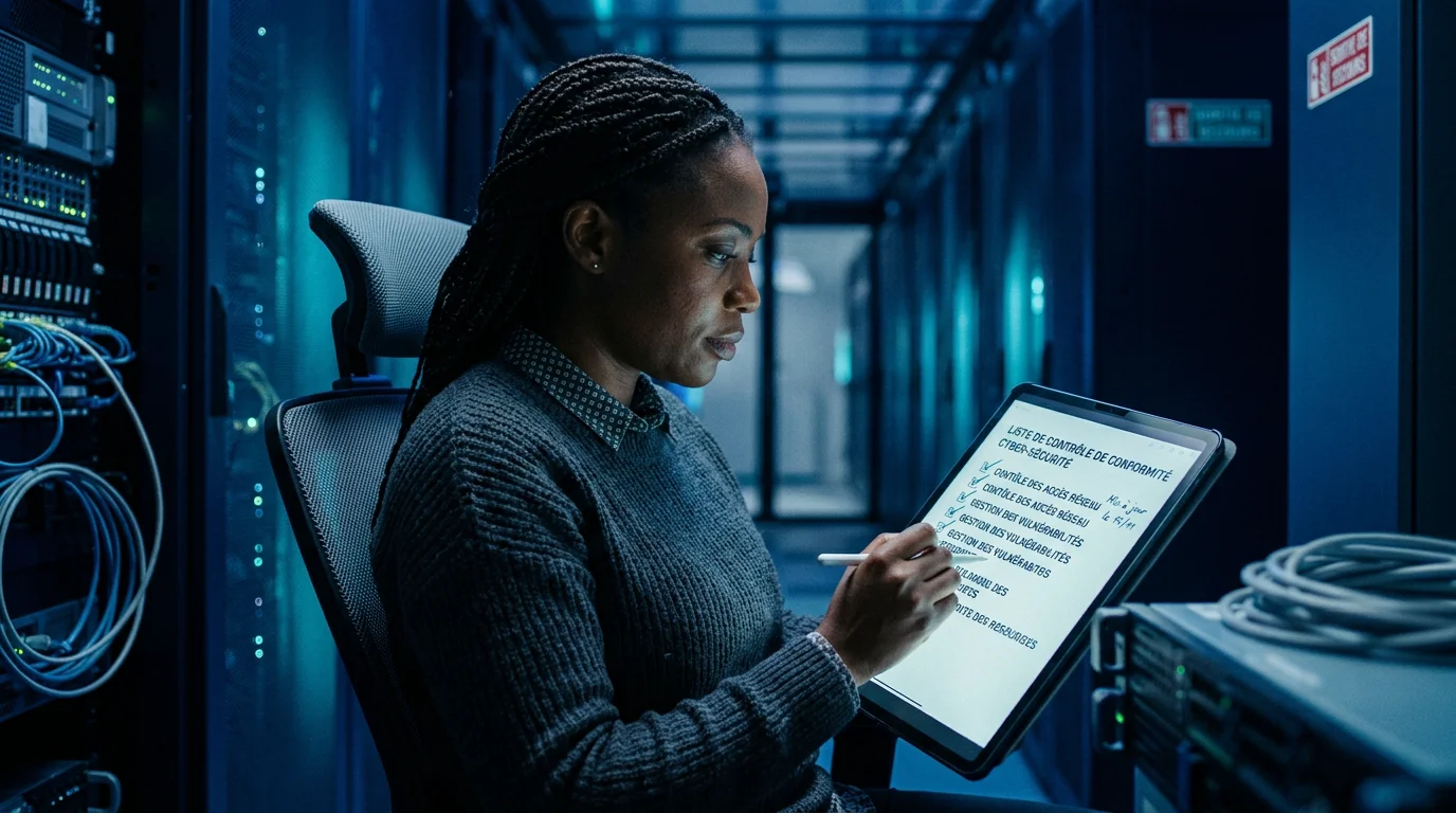 Spécialiste en sécurité informatique vérifiant une liste de conformité sur tablette