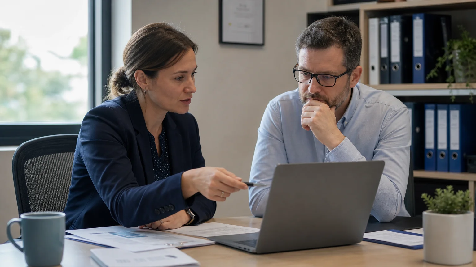 Échange entre une consultante cyber et un responsable de PME pendant un audit