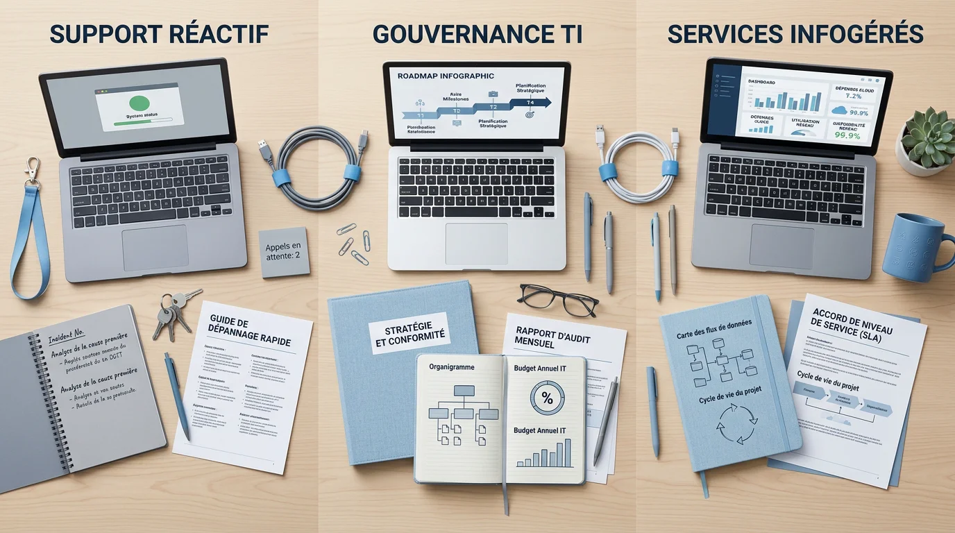 Trois espaces de travail illustrant différents modèles de prestation informatique