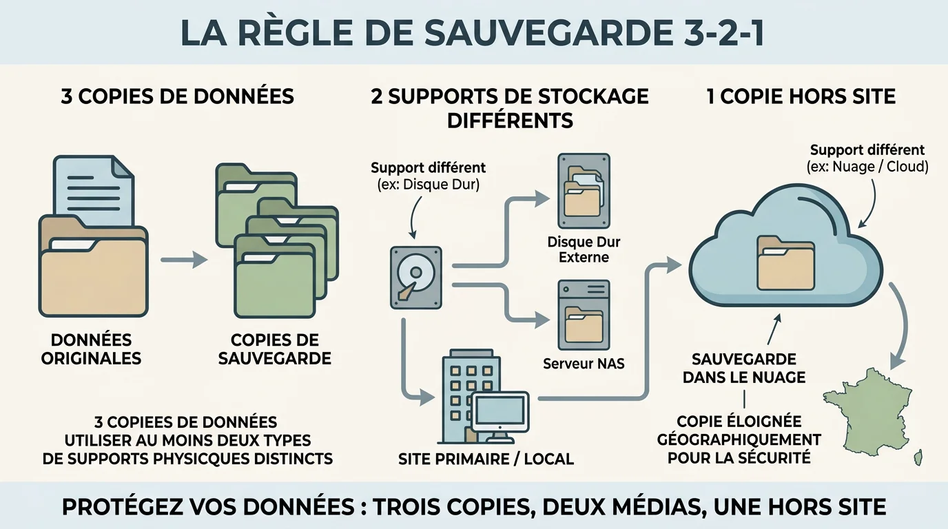 Schéma illustrant la règle de sauvegarde 3-2-1