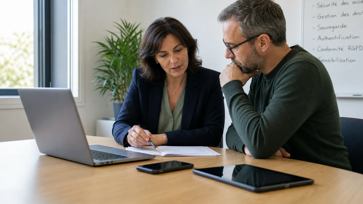 Responsables informatiques vérifiant la sécurité de plusieurs terminaux professionnels