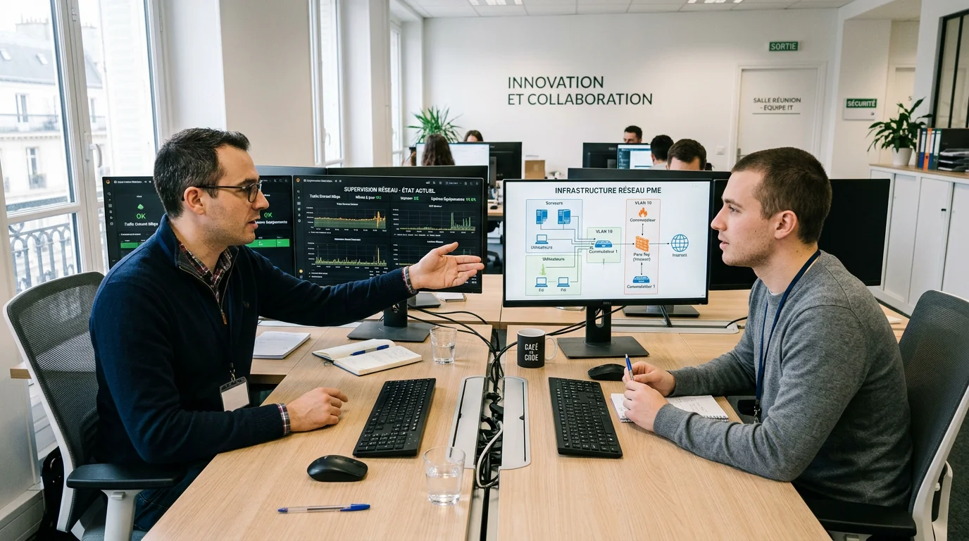 Deux techniciens d'un prestataire informatique supervisant un parc dans un bureau de PME
