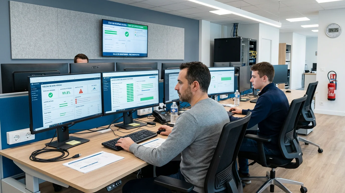 Techniciens supervisant l'infrastructure informatique d'une PME française