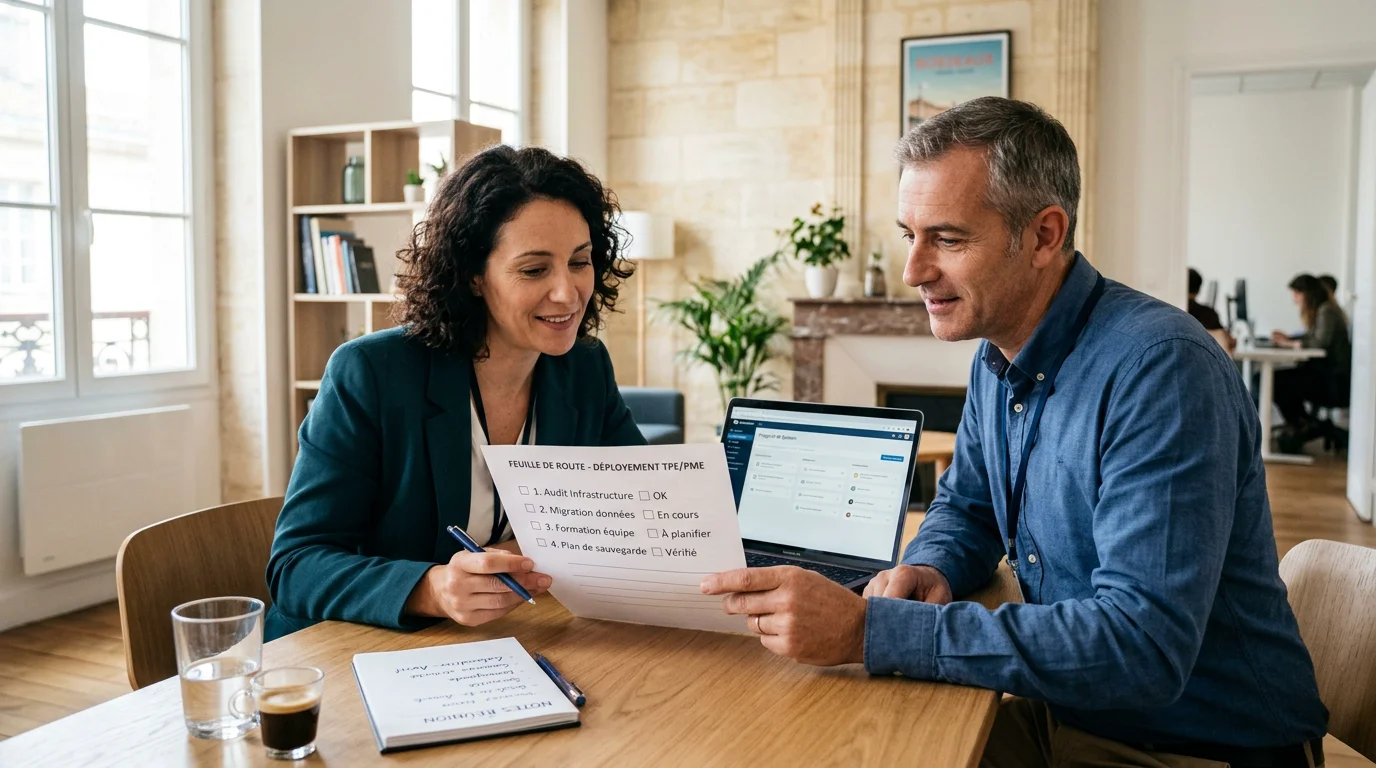 Consultant informatique et dirigeant de PME évaluant un contrat de prestation