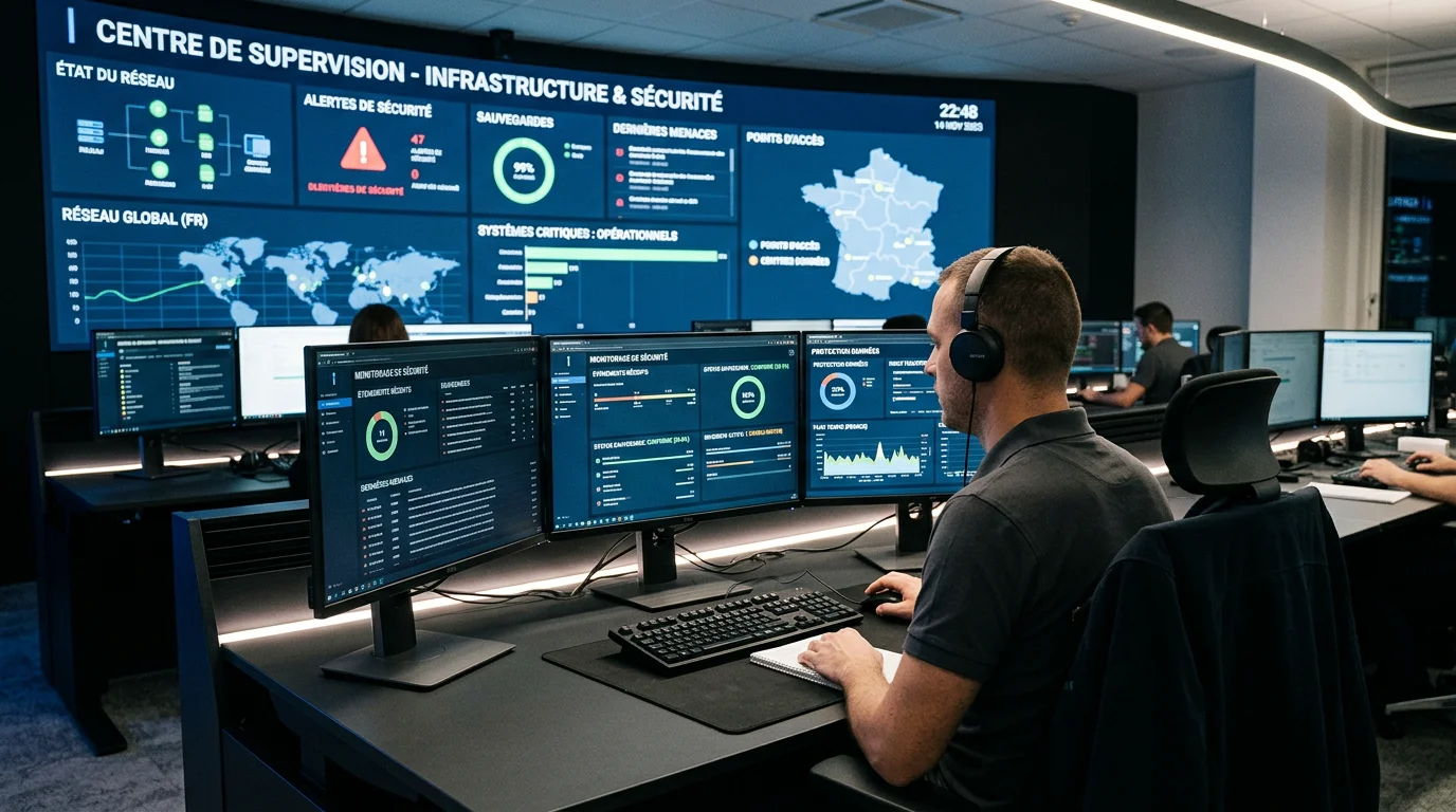 Technicien supervisant la sécurité et les sauvegardes d'un système d'information