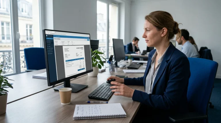 Professionnel traitant une facture au format électronique sur ordinateur