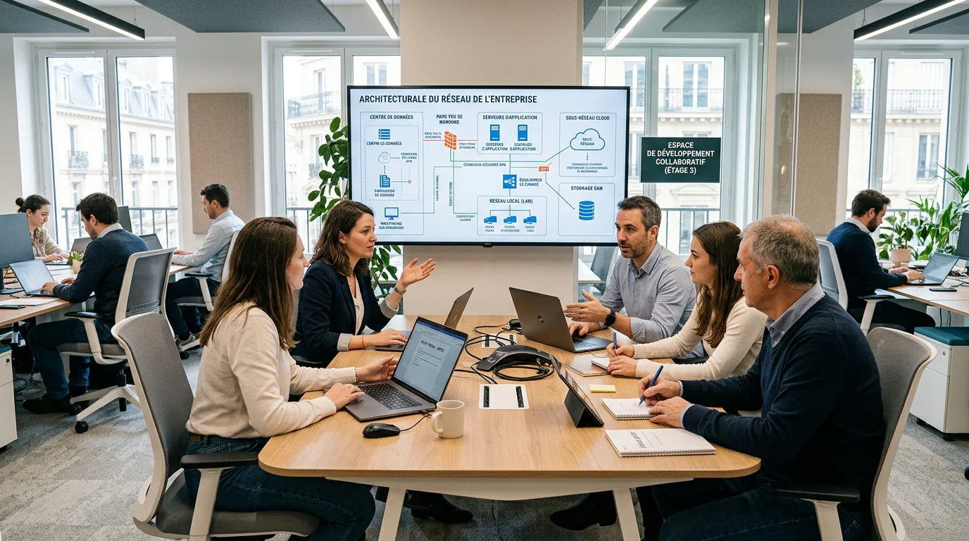Équipe d'une ESN au travail dans un bureau en France