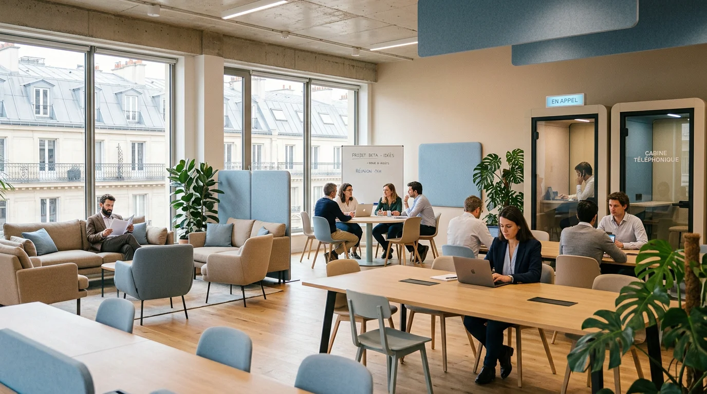 Bureau flexible moderne avec postes non attitrés et espaces partagés