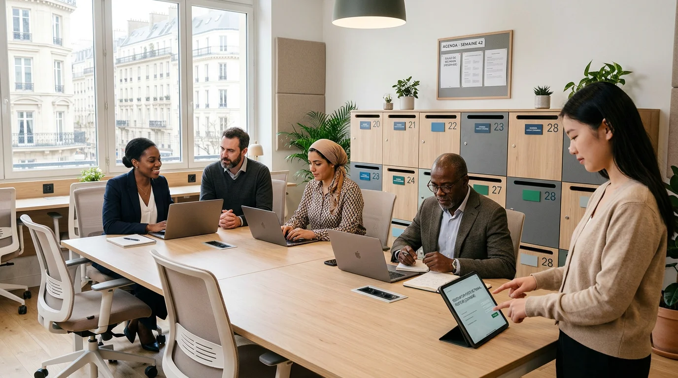 Équipe collaborant dans un espace de travail flexible et organisé