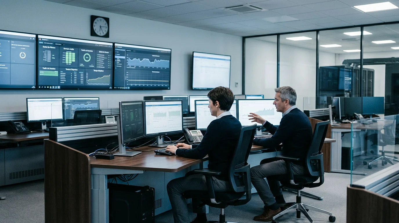 Centre de supervision informatique avec deux techniciens surveillant des écrans