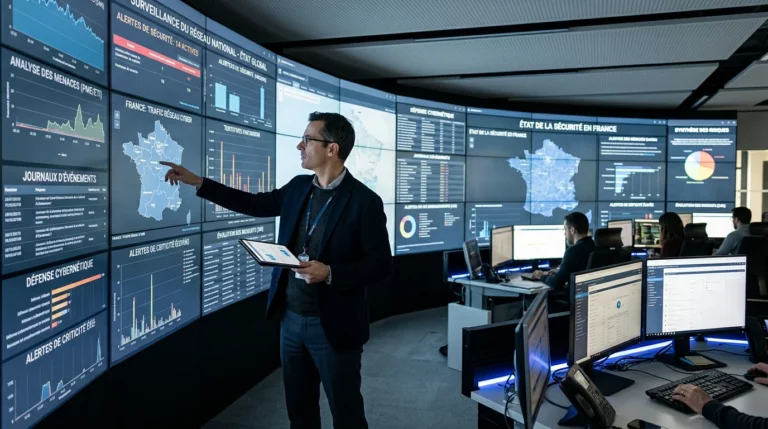 Analyste en cybersécurité supervisant un audit de sécurité dans un centre d'opérations