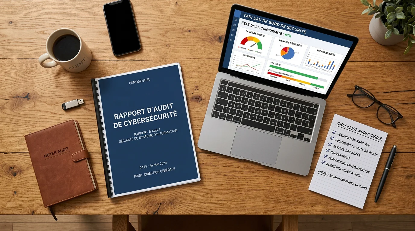 Rapport d'audit de sécurité posé sur un bureau avec un ordinateur portable