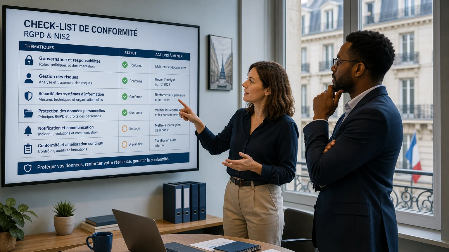 Équipe en entreprise analysant ses obligations de conformité numérique