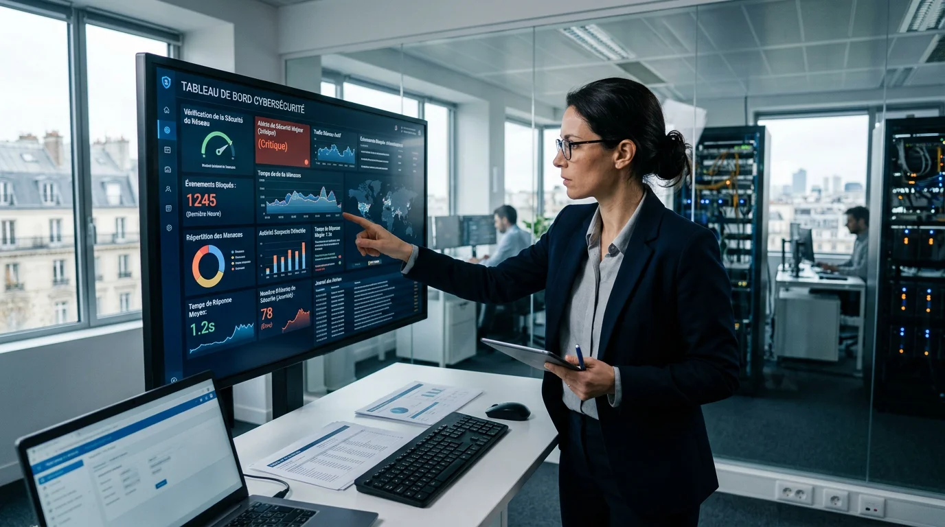 Analyste réalisant un audit de sécurité informatique sur un tableau de bord