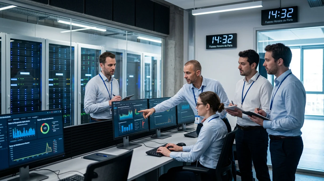 Équipe informatique réalisant un test de reprise dans une salle serveurs