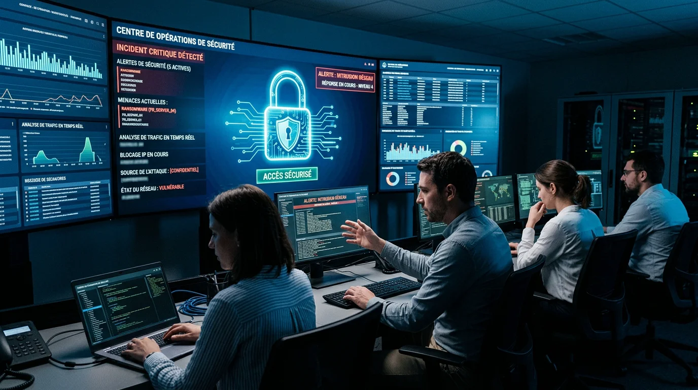 Équipe surveillant des tableaux de bord de cybersécurité pour un site infogéré