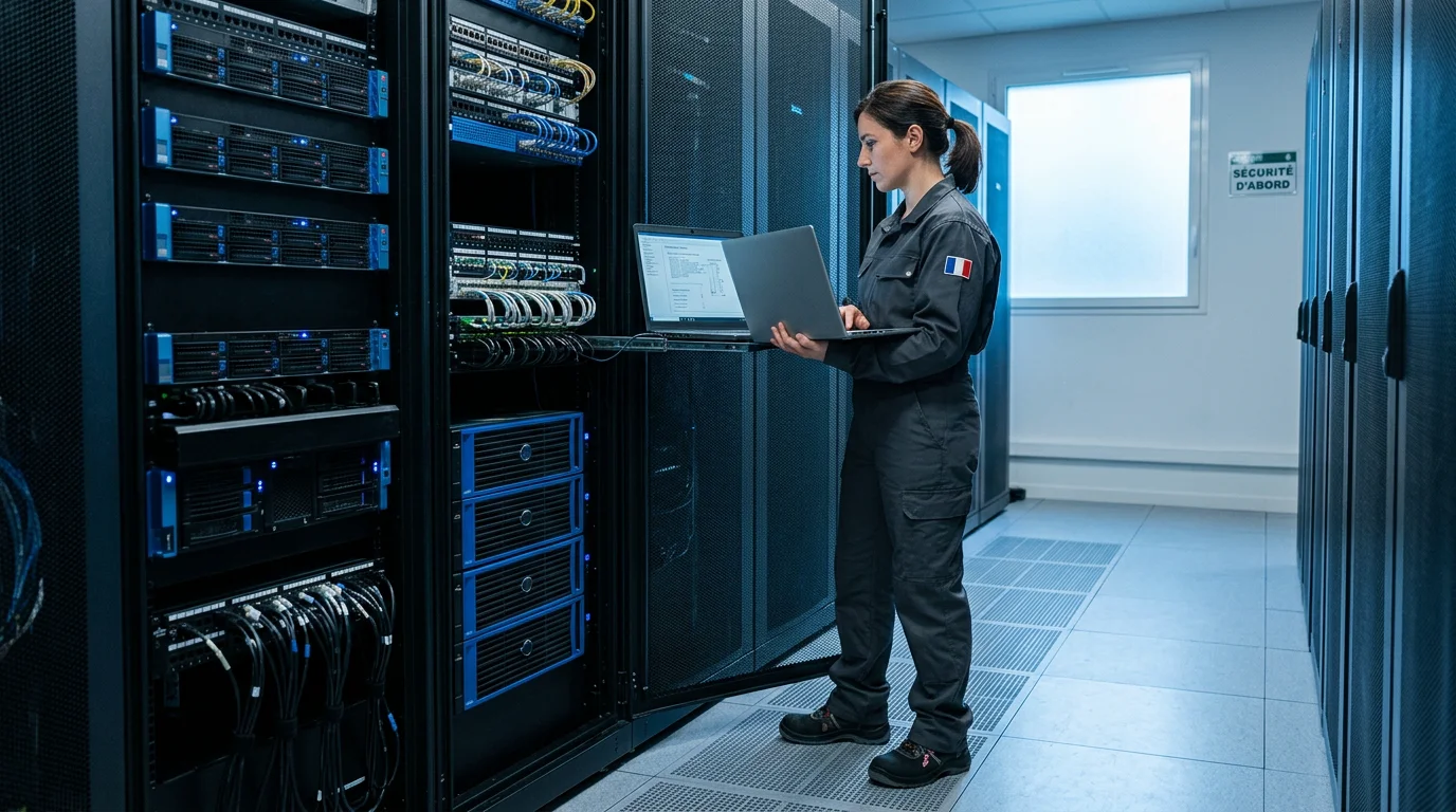 Technicien vérifiant un serveur lors d'une maintenance informatique en entreprise