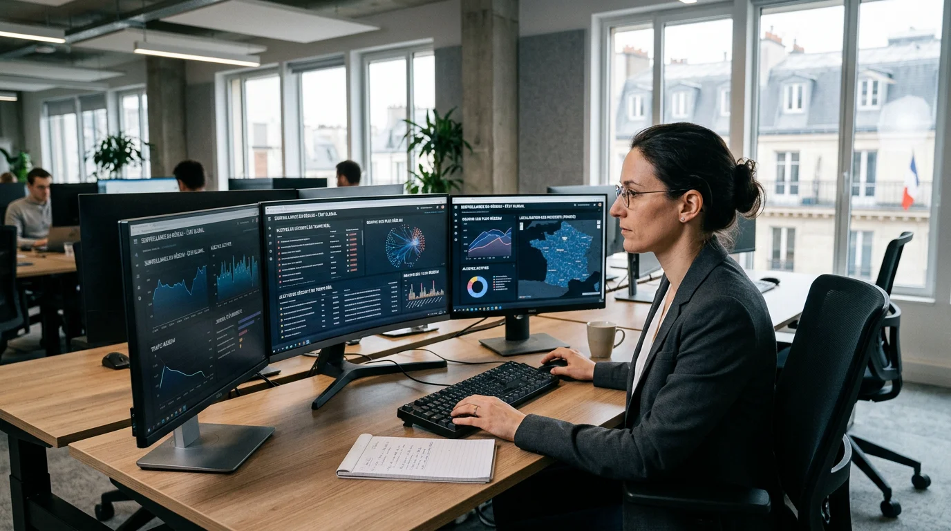 Analyste en cybersécurité surveillant un tableau de bord réseau dans un bureau