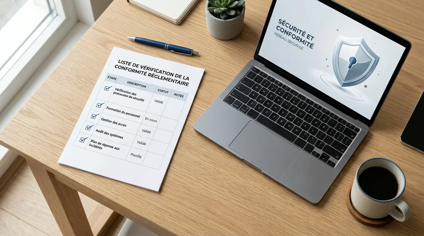 Documents de conformité et ordinateur portable sur un bureau ordonné