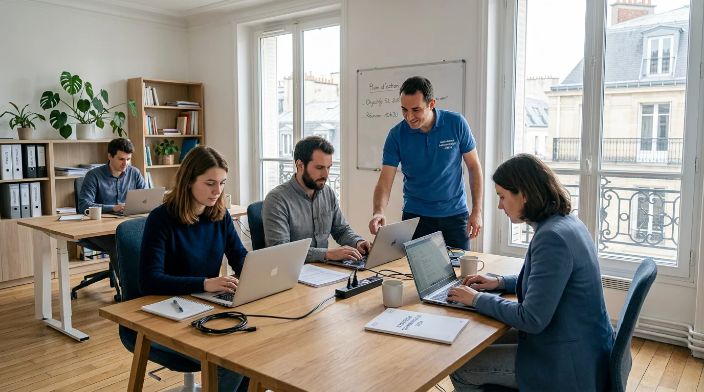 Une équipe de PME parisienne accompagnée par un technicien informatique
