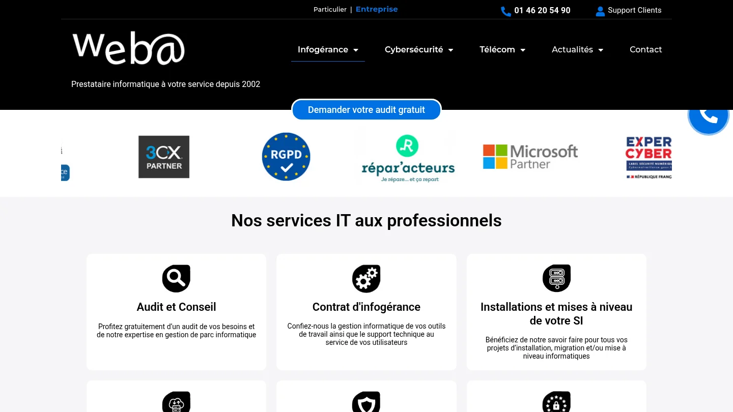 Capture de la page d’accueil de Weba Infogérance