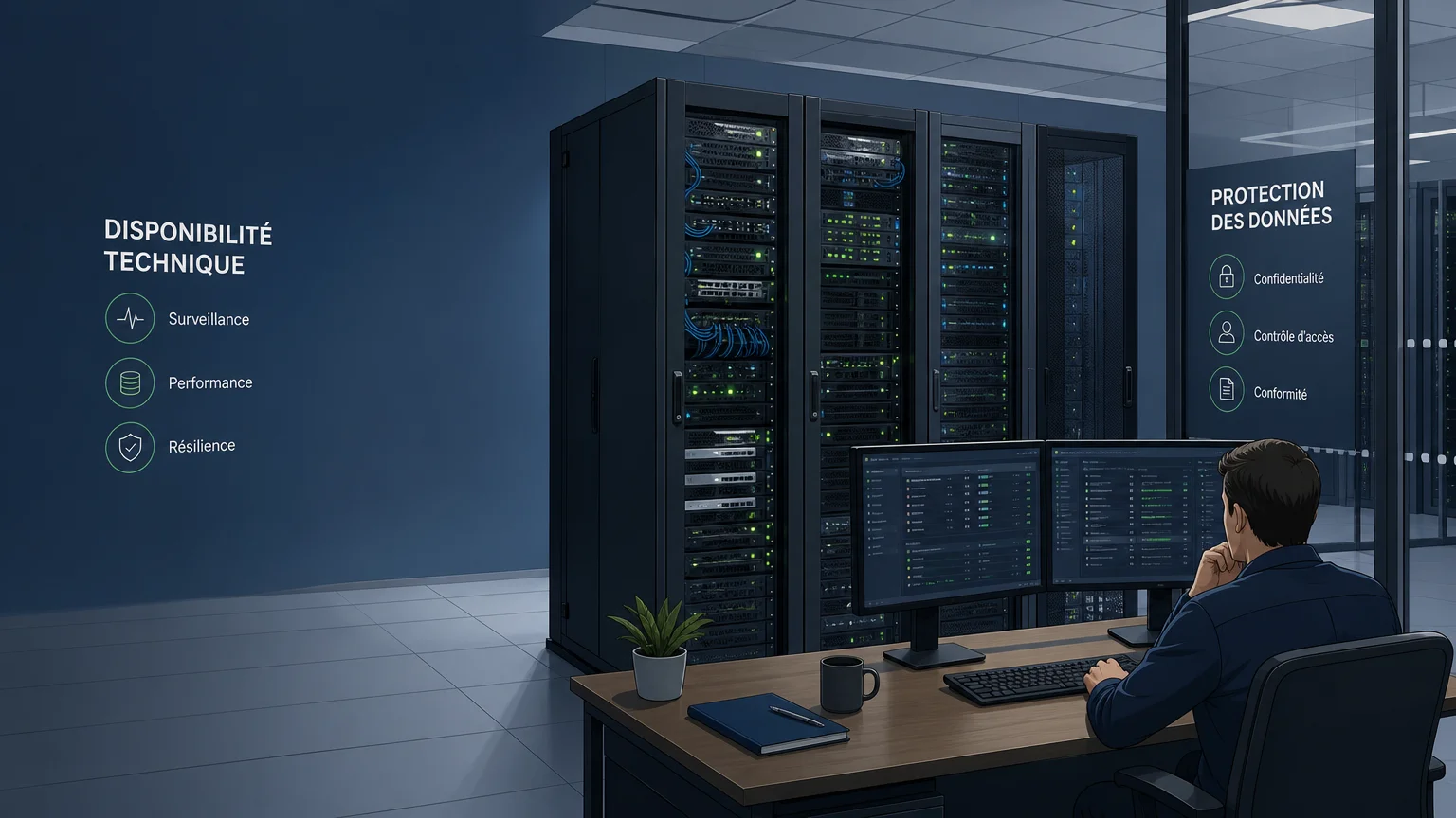 Salle informatique illustrant la complémentarité entre disponibilité, sécurité et continuité d’activité