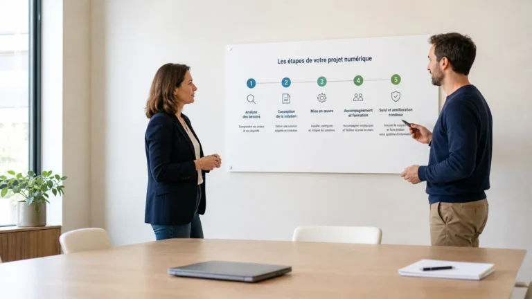 Dirigeante de PME échangeant avec un consultant sur un projet informatique