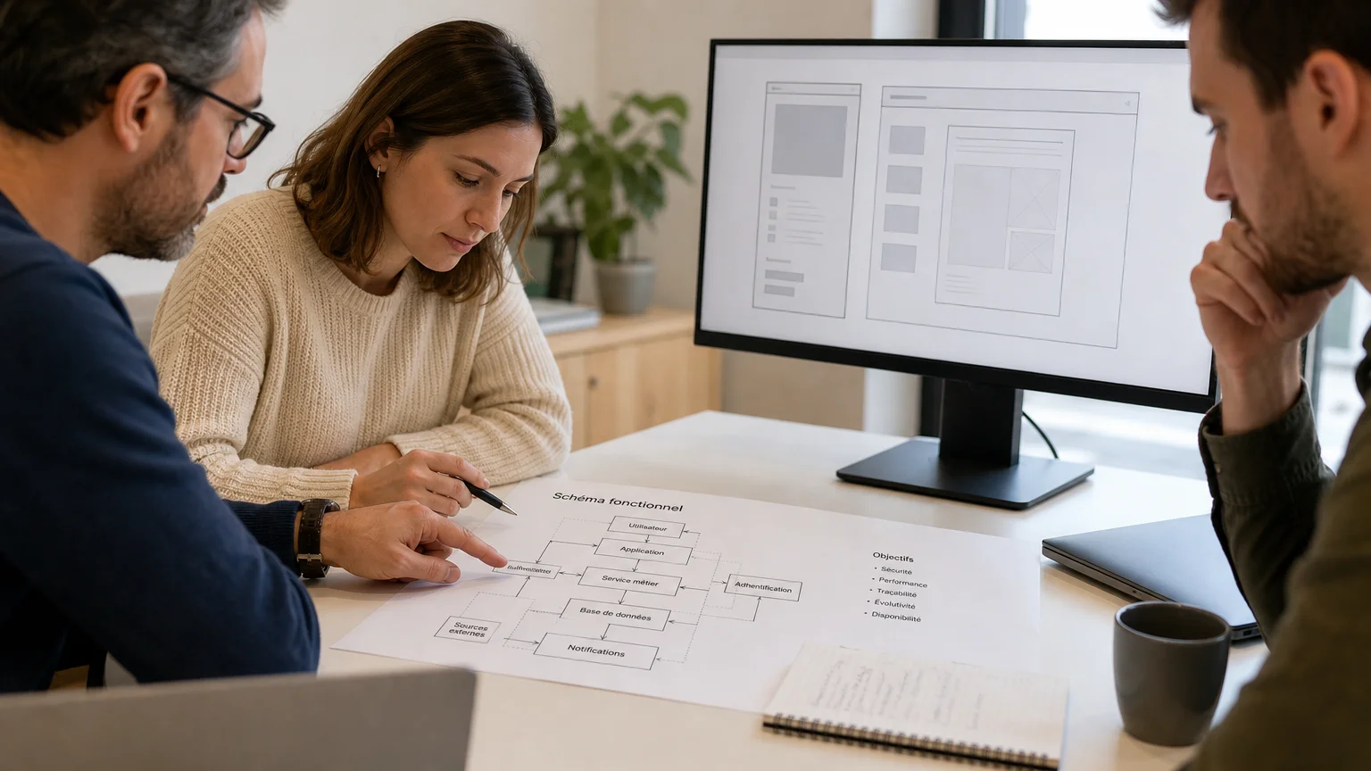 Équipe projet analysant une maquette d’application informatique sur mesure