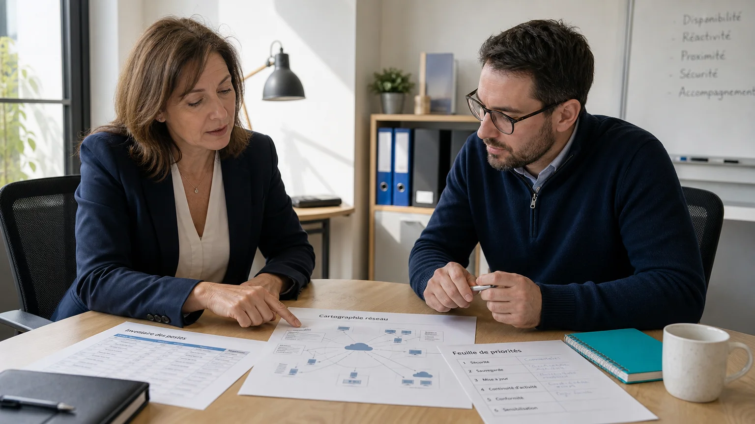 Consultant et dirigeante analysant les résultats d’un audit cybersécurité PME