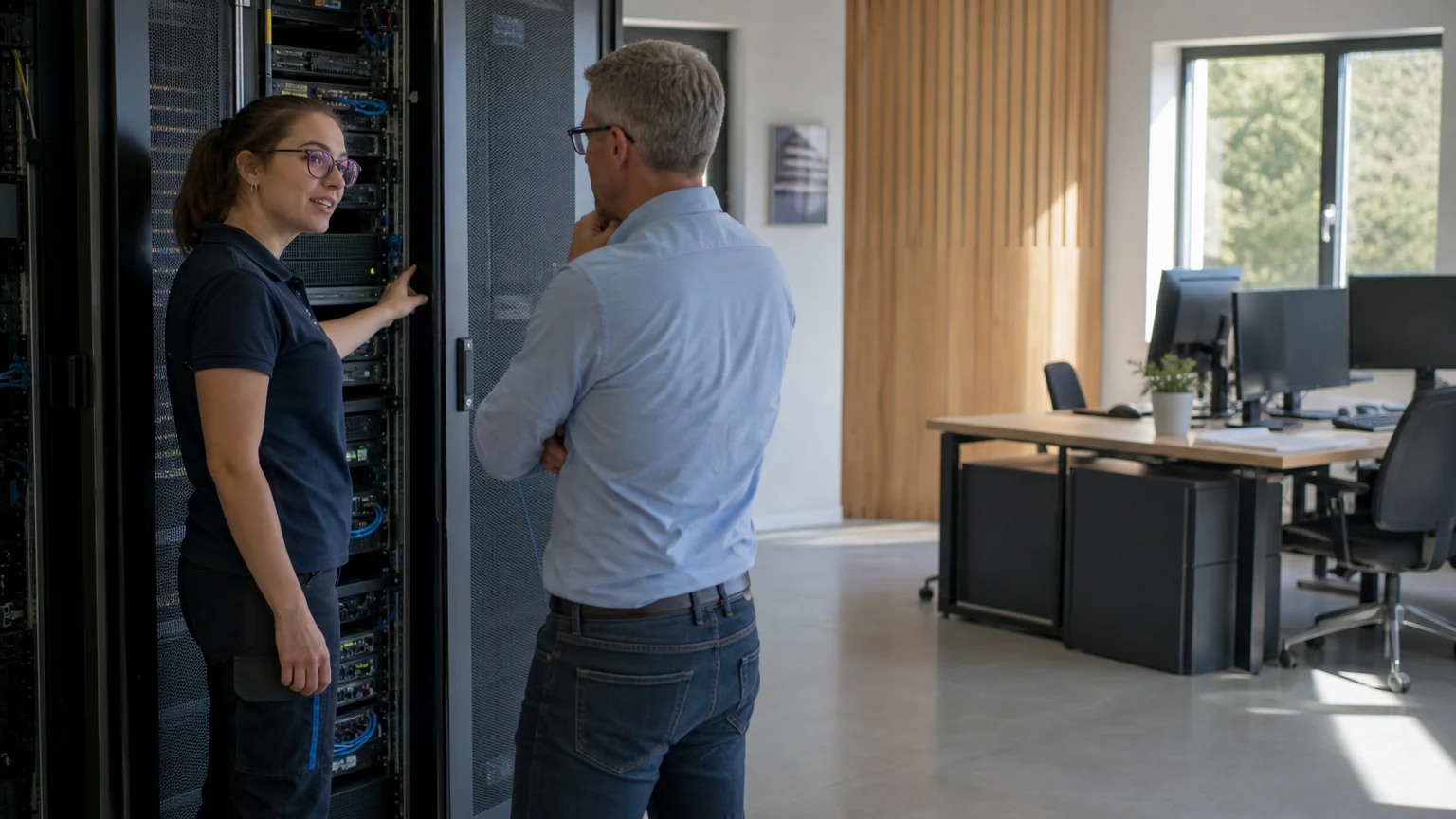 Technicienne informatique échangeant avec un dirigeant dans les locaux d’une PME
