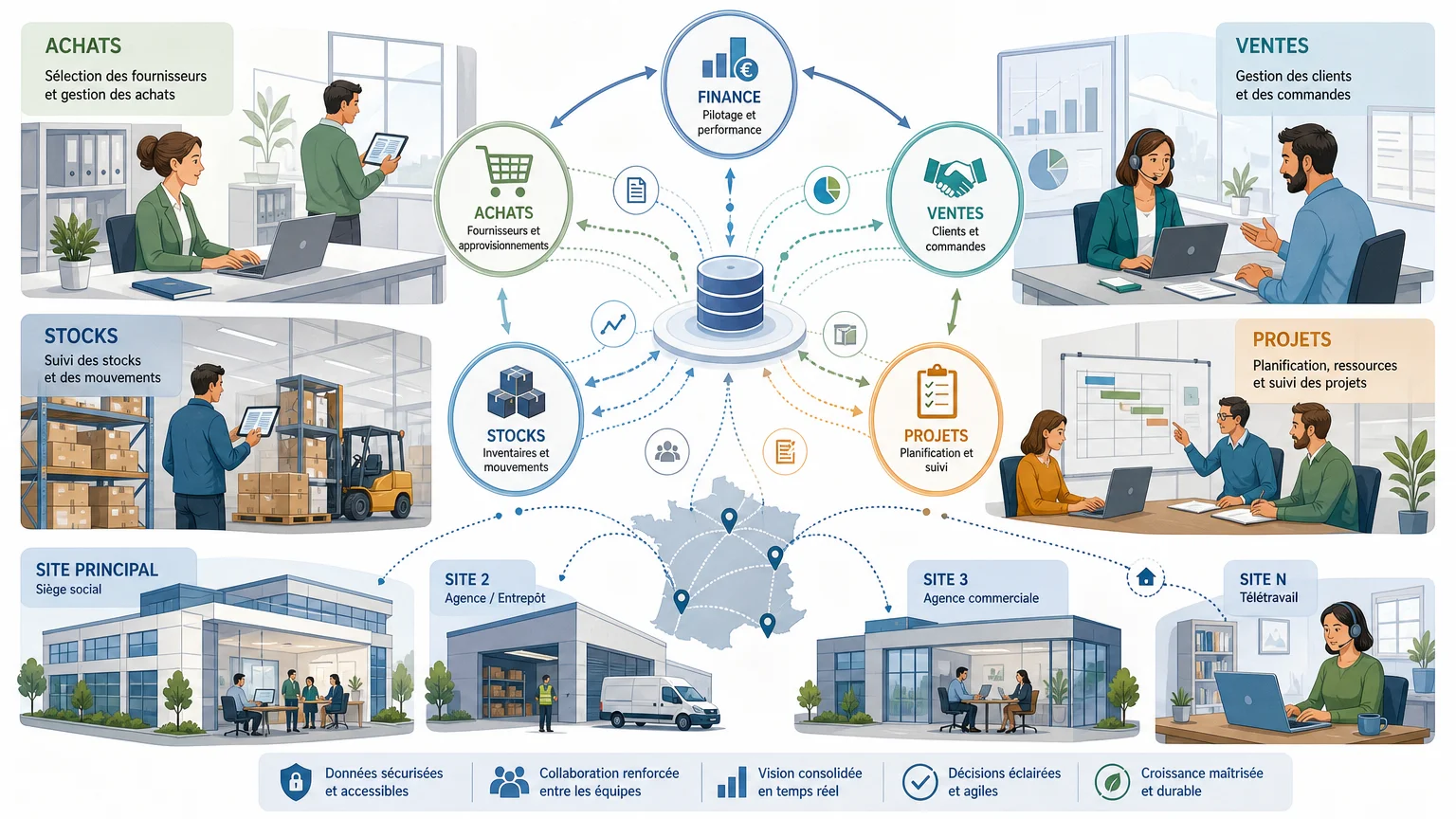 Illustration d’un ERP reliant les services d’une PME