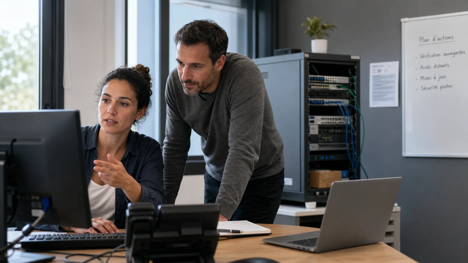 Technicienne informatique accompagnant une équipe dans un bureau