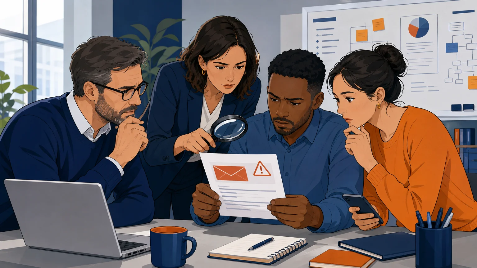 Équipe professionnelle vérifiant un message suspect avant de cliquer