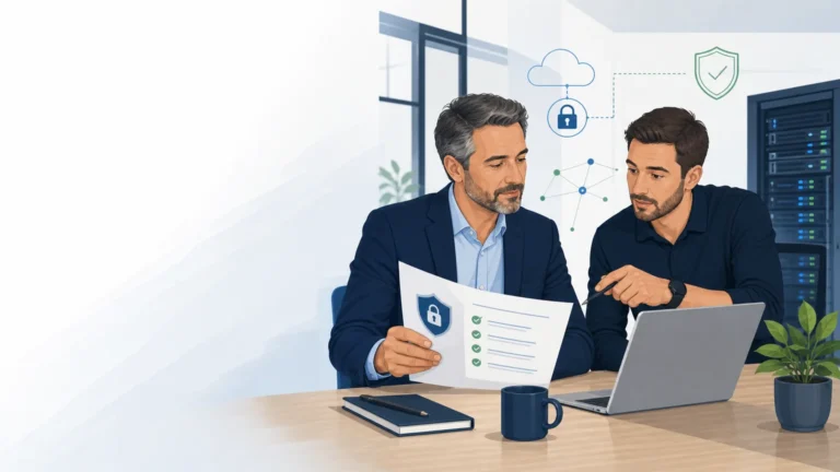 Dirigeante de PME échangeant avec un spécialiste du support informatique dans un bureau professionnel en France