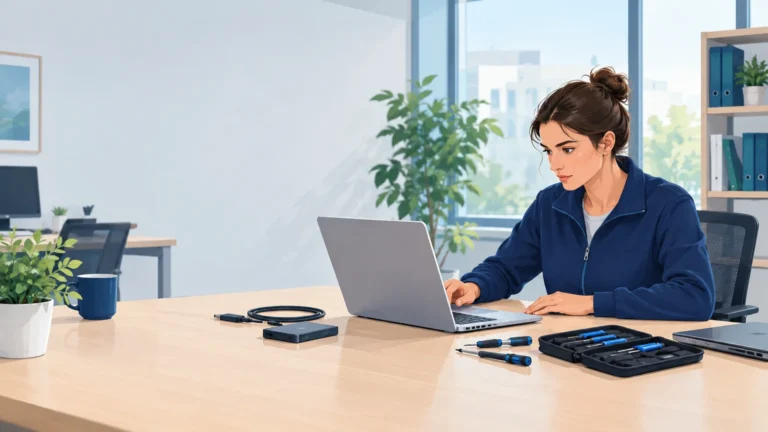 Technicienne informatique examinant un poste de travail professionnel