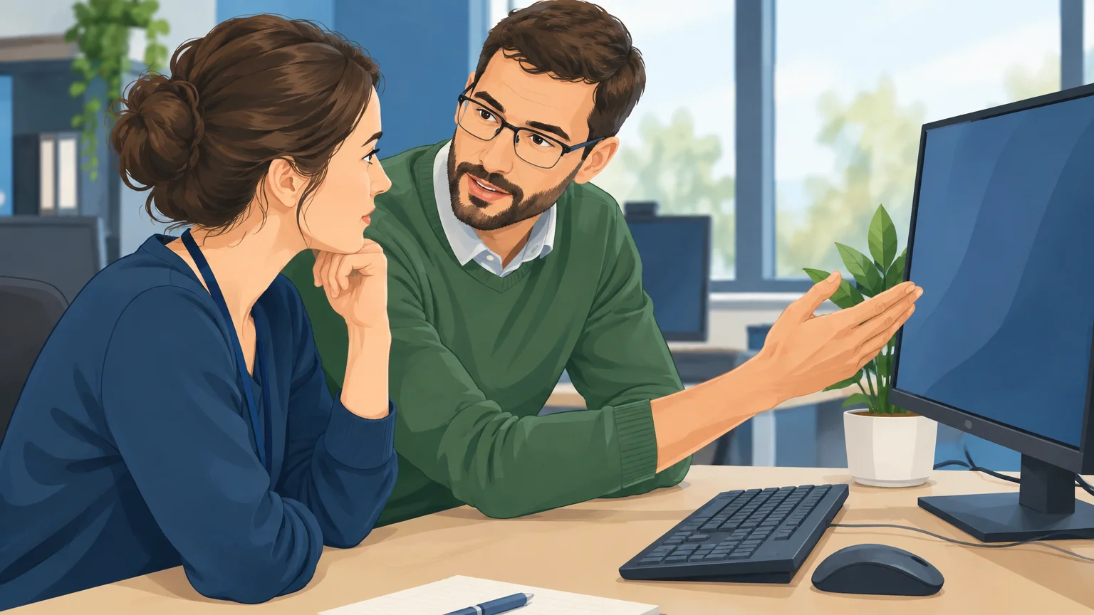 Une technicienne informatique écoute un utilisateur et l’accompagne dans le diagnostic d’un incident