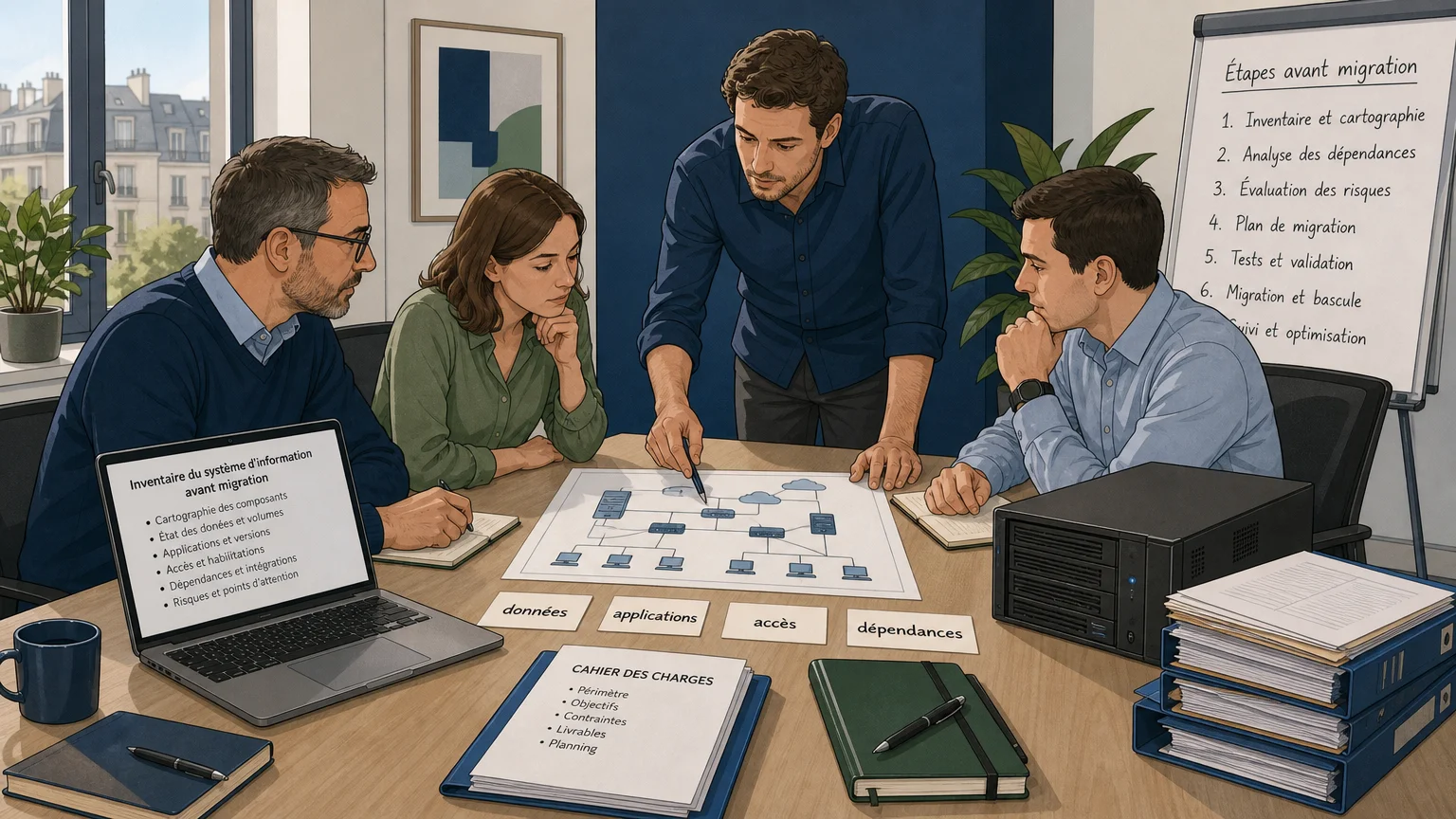 Équipe informatique réalisant l’audit d’un système d’information avant une migration