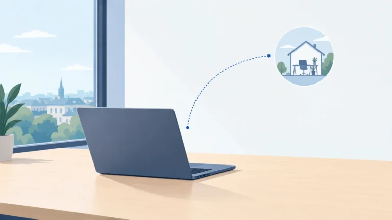 Ordinateur portable sur un bureau évoquant le travail à distance sécurisé