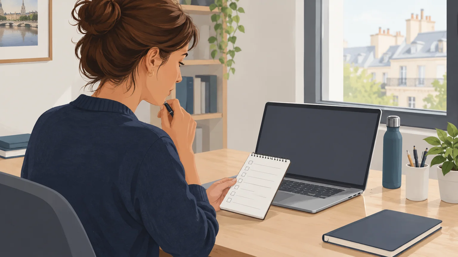 Une professionnelle prépare ses tâches à distance devant un ordinateur