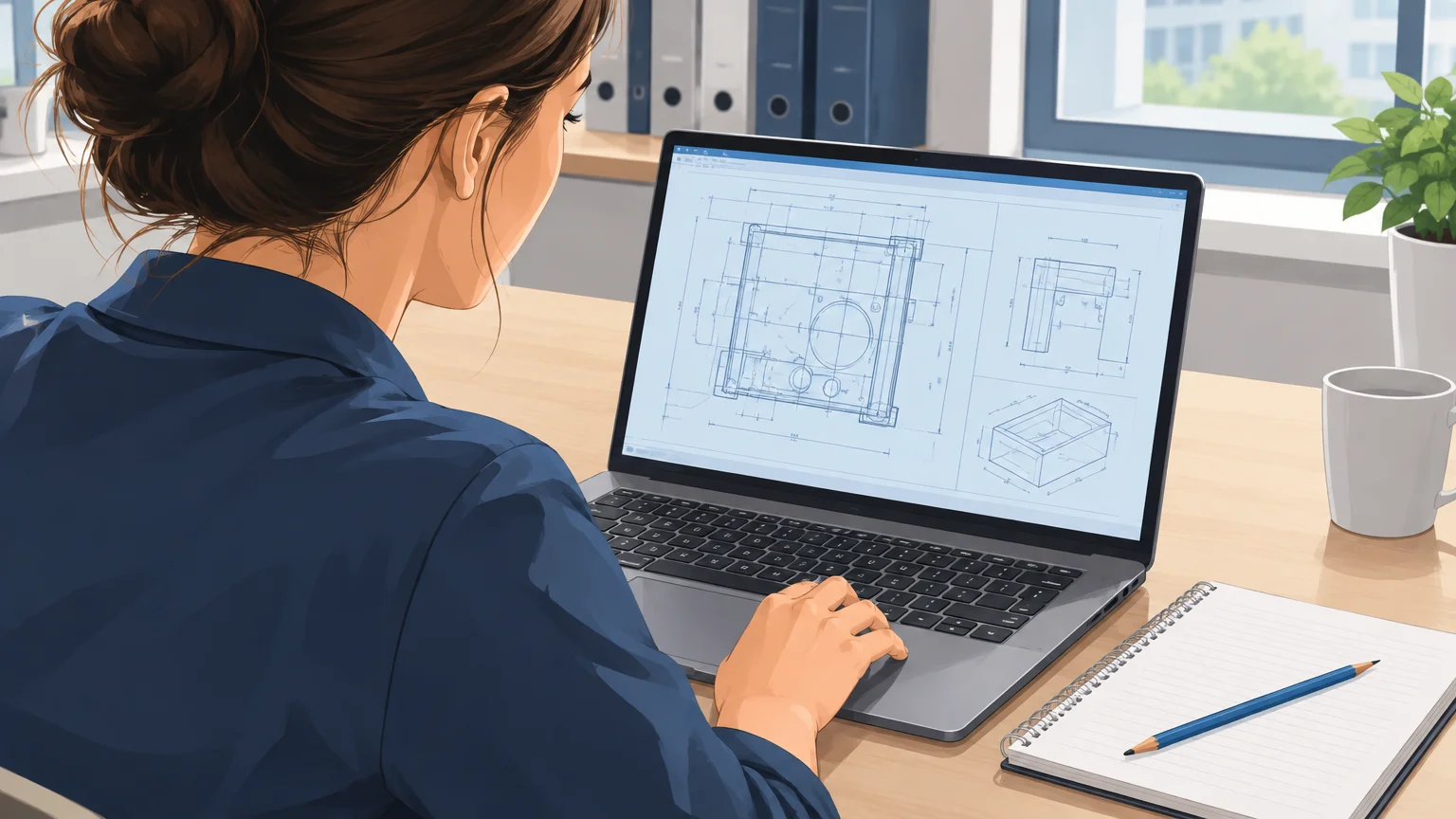 Une ingénieure consulte un plan technique sur un ordinateur portable au bureau