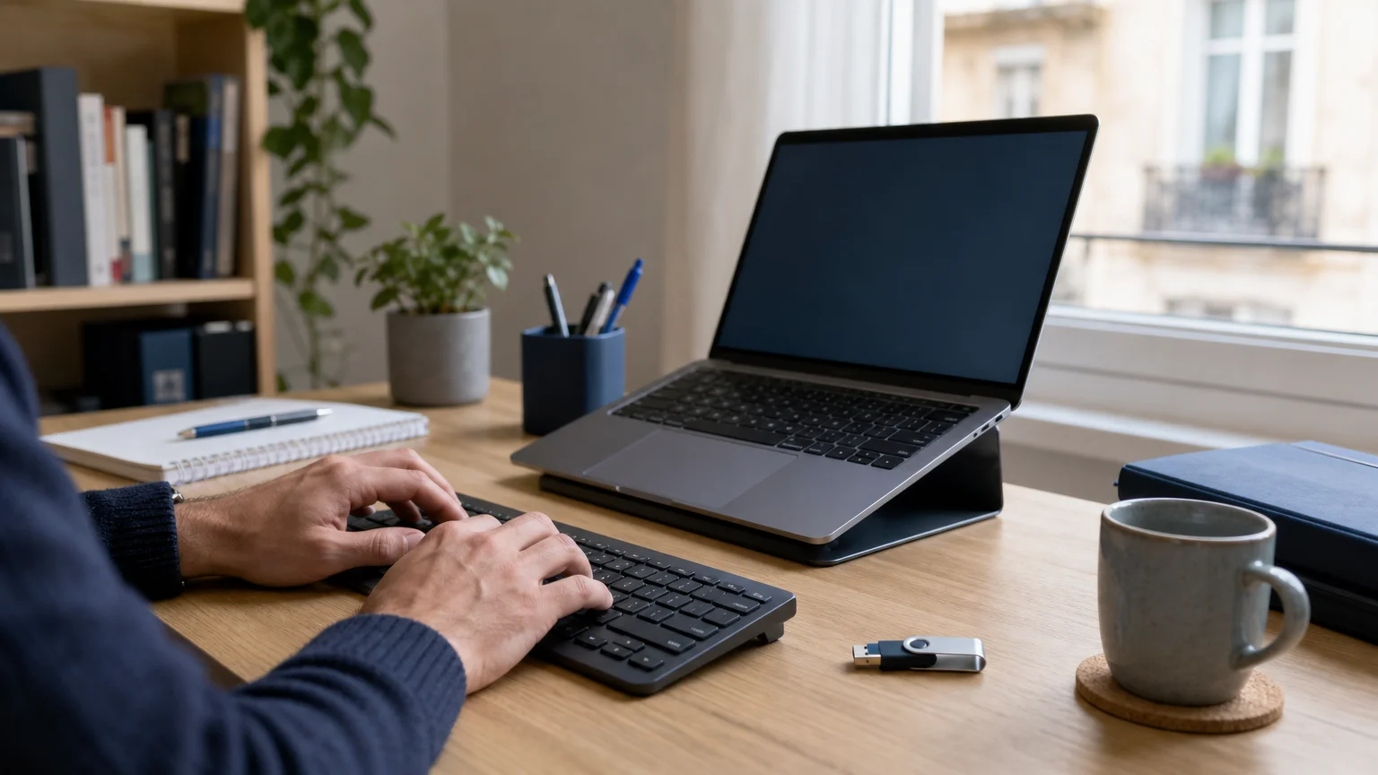 Poste de travail à domicile avec ordinateur professionnel et clé de sécurité