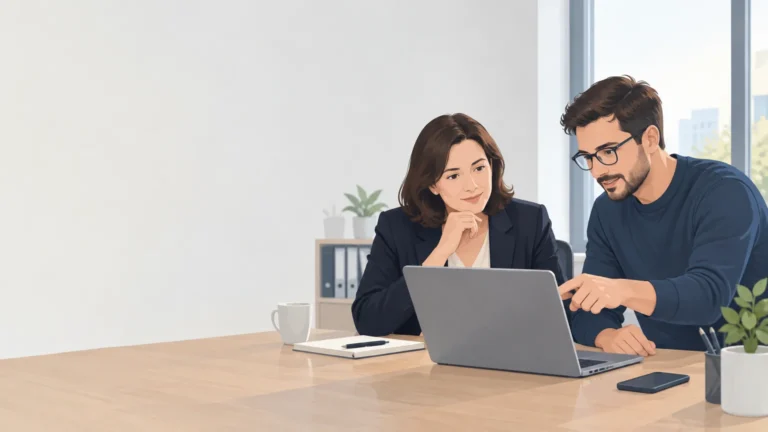 Une dirigeante de PME échange avec un technicien informatique autour de la gestion de son parc, dans un bureau lumineux en France.